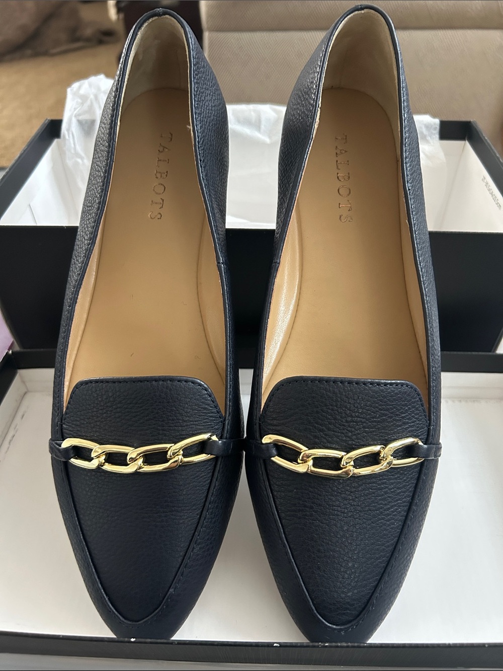 Talbots Black Leather Loafers with Gold Chain Accent